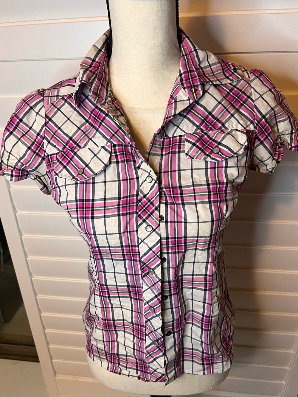 Pink Plaid Short-Sleeve Button-Up Women's Top